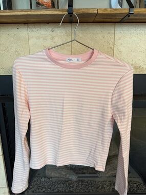 Kids' Light Pink & White Striped Long-Sleeve Crewneck Top